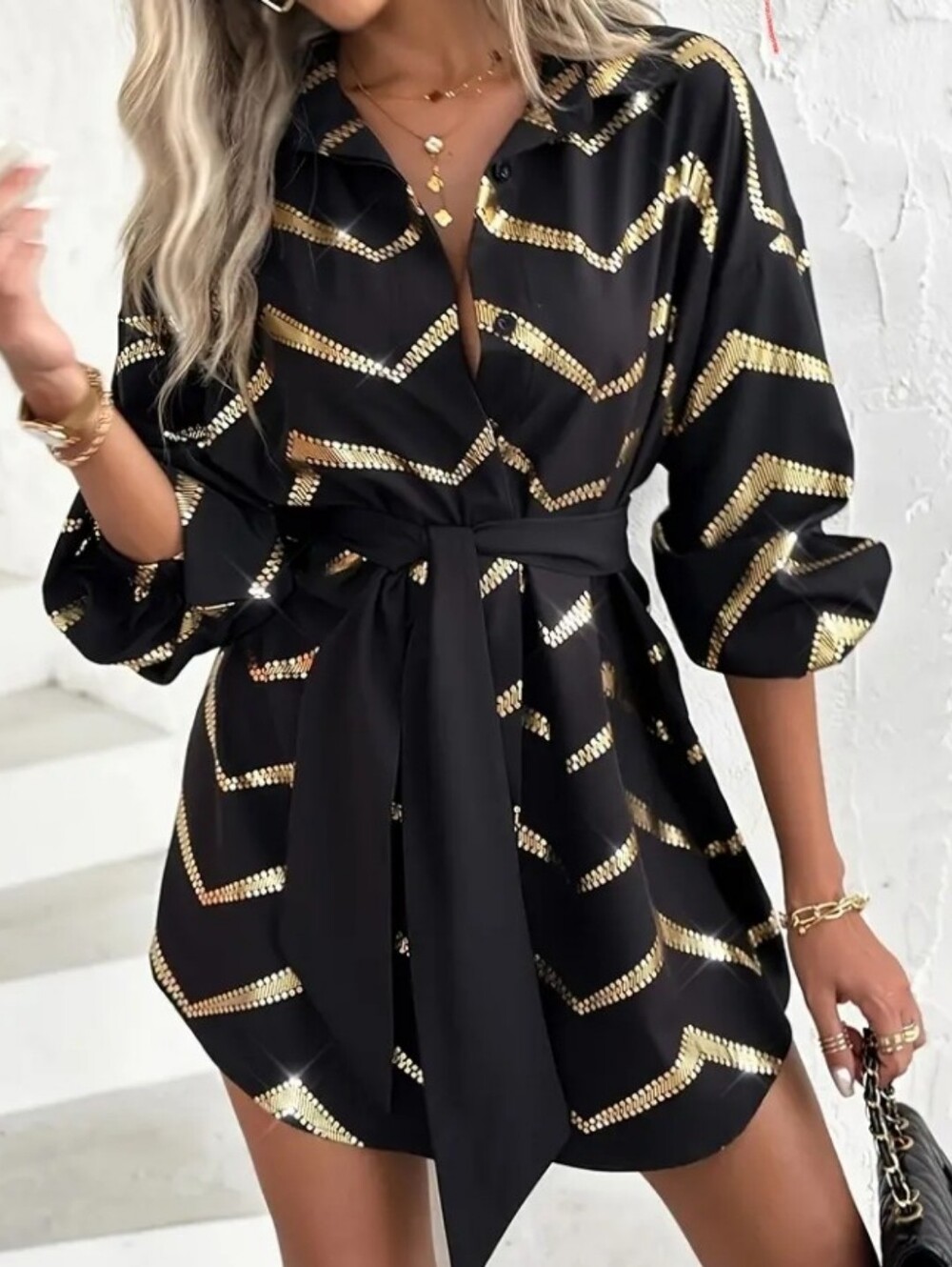 Black & Gold Chevron Belted Shirt Dress